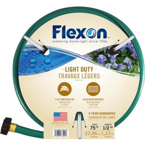 Flexon 1/2" x 75ft Light Duty Garden Hose Lightweight, Flexible, Kink-Resistant, Durable Vinyl, Leak-Proof Couplings, Weather-Resistant Water Hose for Lawn, Garden, and Outdoor Use