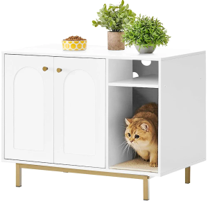 Cat Litter Box Enclosure Enclosed, Hidden Litter Box Cabinet Furniture with Storage, Wooden Indoor Cat House Large, Modern End Table for Living Room Entryway, White and Gold 01503GCLB