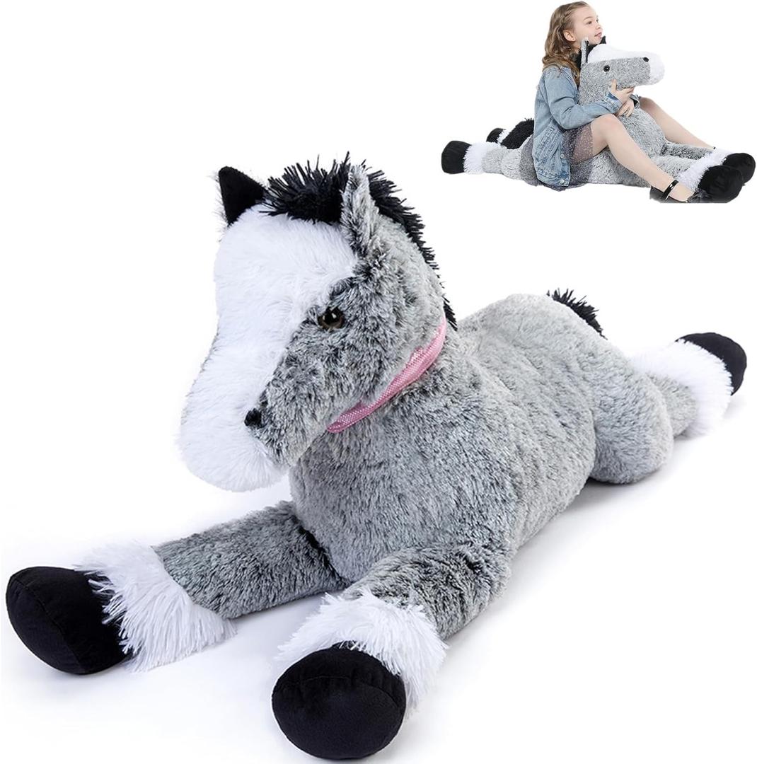 3 Feet Large Horse Stuffed Animal, 35 Inch Rideable Stuffed Pony Farm Plush Toy, Big Soft Horse Plush Pillow Christmas Birthday Gift for Kids (Gray)