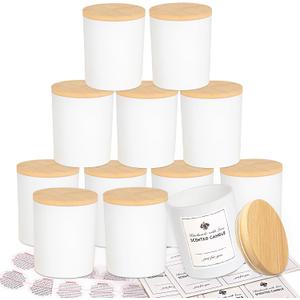 CONNOO 12 Pack 10 OZ White Glass Candle Jars for Making Candles with Airtight Bamboo Lids Nice Sticky Warning Labels for Candle Making Empty Container Bulk - Dishwasher Safe