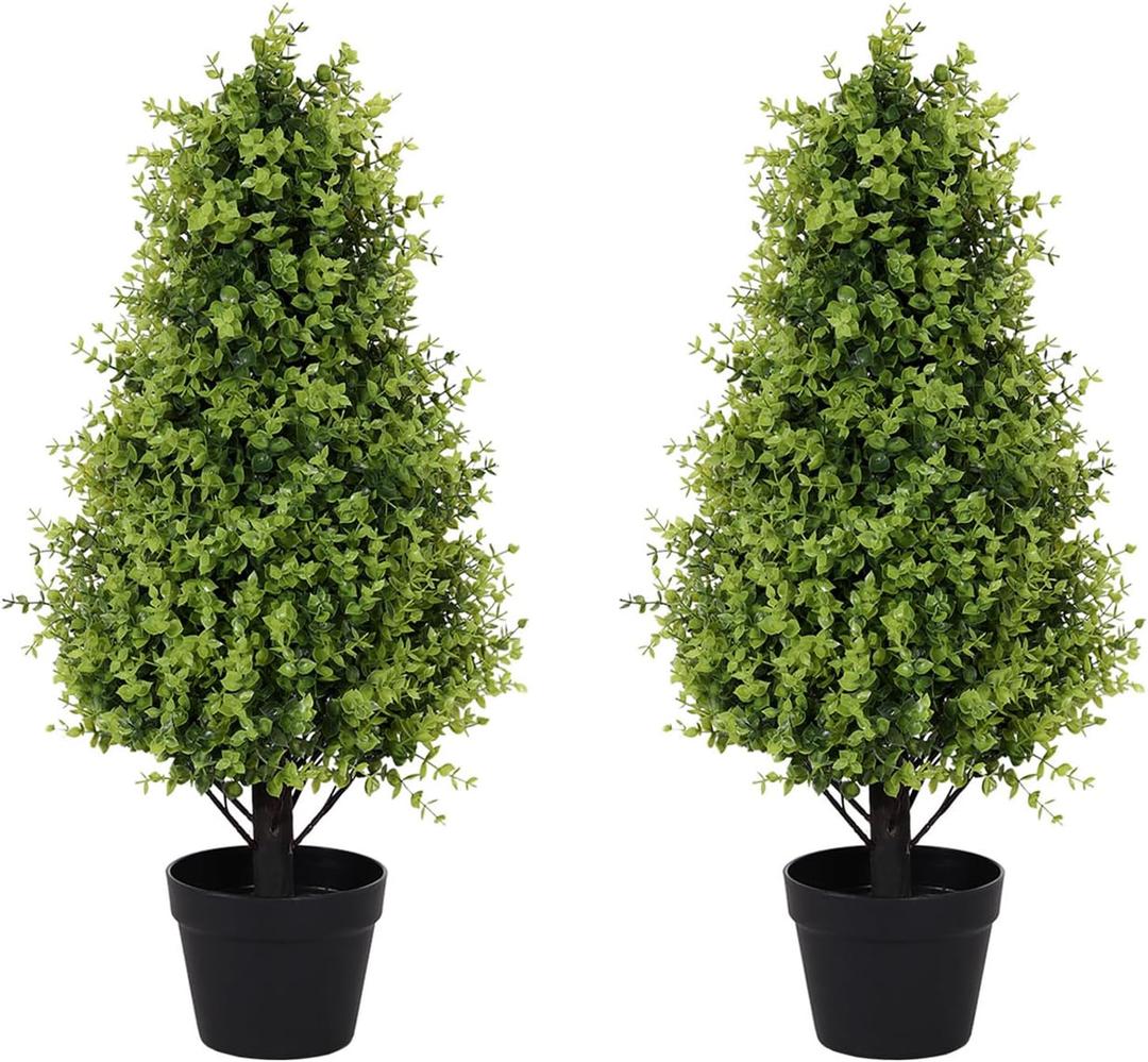 30" Tall Artificial Boxwood Topiary Trees, Set of 2 UV Resistant Faux Evergreen Shrubs and Bushes for Outdoor Planters, Realistic Fake Plants for Front Porch Outside Patio Garden