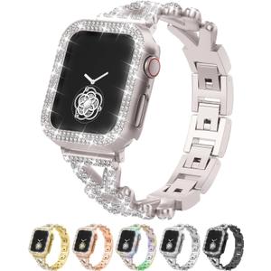 Rhinestones Encrusted Metal Bracelet and Case, Compatible with Apple Watch Bands 38mm-49mm (Series 11/10/1/SE/Ultra 2)- Bling Gold Women's Jewelry Strap, Luxury iWatch Bracelet with Screen Protector