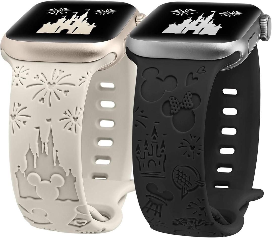 2 Packs Cartoon Engraved Band Compatible with Apple Watch Band 38/40/41/42/ 44/45/ 46/49mm Women, Cute Designer Soft Silicone Strap for iWatch Series 11 10 9 8 7 6 5 4 3 SE/Ultra 3 2 1 (Starlight & Black)