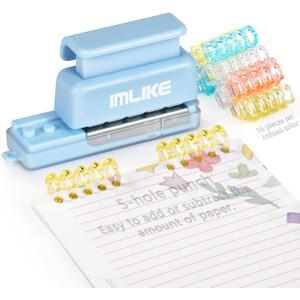 Mini 5-Hole Binding Machine - IMLIKE 5 Holes Binding Machine with 16 Loose-Leaf Binding Strips - Easy to Add or Remove Papers, 4 Sheets Capacity (A4/30 Holes, B5/26 Holes, A5/20 Holes) - Blue