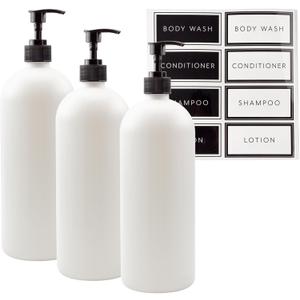 Cornucopia Brands Shower Pump Bottles (Set of 3, White); 32oz Plastic Pump Dispensers for Shampoo, Conditioner, and Body Wash