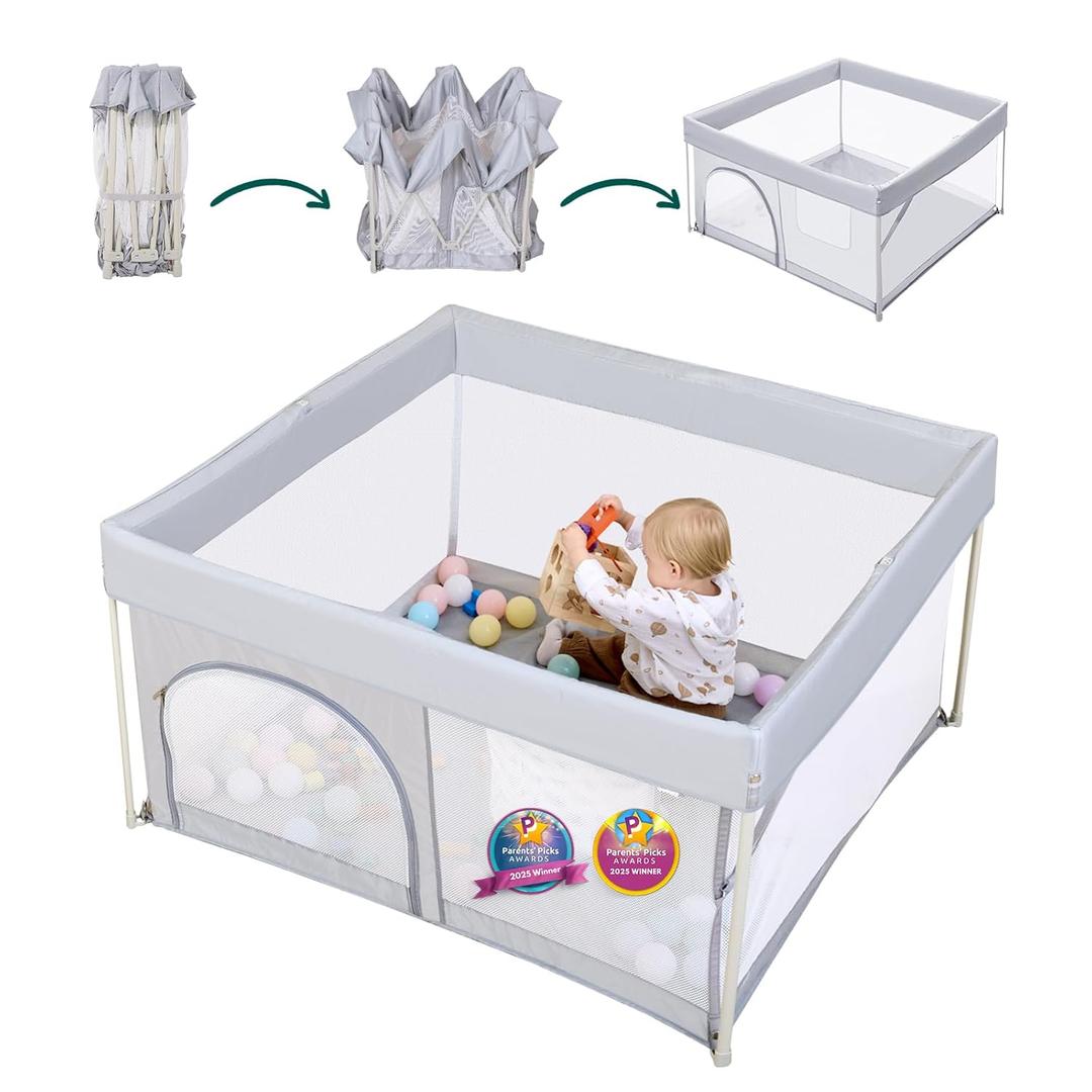 BABELIO Foldable Baby Playpen 46"  46", Portable Playard for Babies and Toddlers, Parents' Picks Awards Winner, No Assembly Required, Indoor & Outdoor Kids Safety Play Pen Area, Travel Fence, Grey