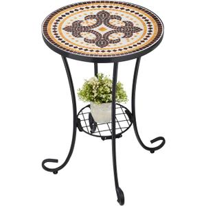 VCUTEKA Outdoor Side Table Mosaic Patio Table Accent Tables Mosaic Tile Top Metal Frame Small End Tables Porch Beach Patio Garden Balcony Tan