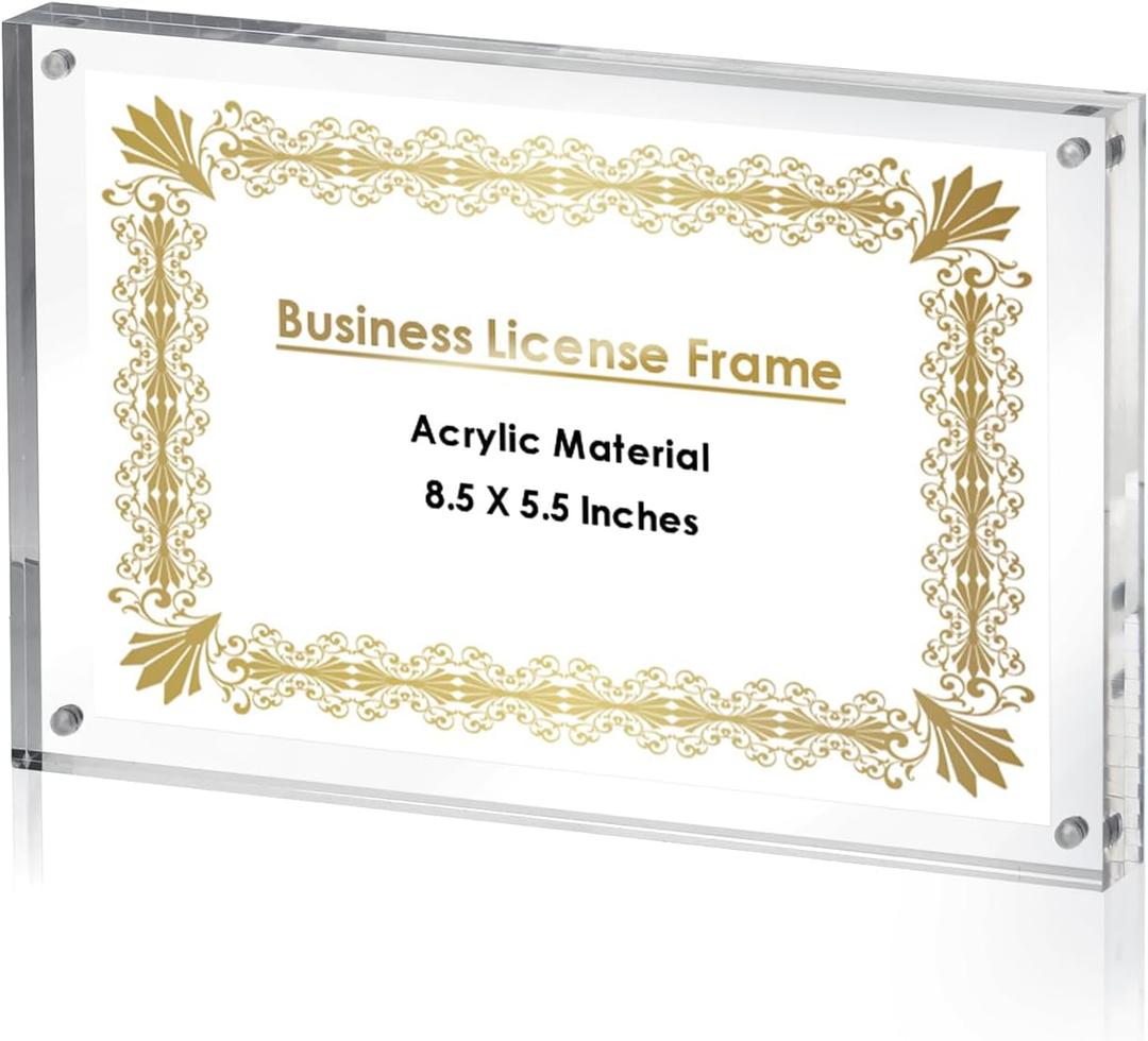 JUXYES 8.5 x 5.5 Clear Acrylic Business License Frame Magnetic Certificate Display Frame, Acrylic Sandwich Frames Frameless Picture Frame Tabletop Magnetic Frames for Business License Certificate