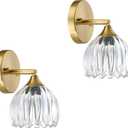2 Pack 1 Light Vintage Wall Sconces Tulip Clear Glass Lampshade Hradwired Modern Gold Wall Lighting Fixture for Bedside Bedroom Doorway