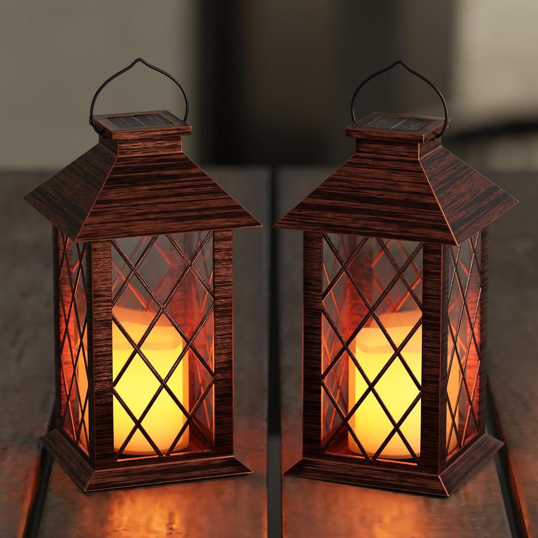 Solar Lanterns Outdoor, Waterproof Garden Hanging Lanterns,13" Outdoor Decorative Lantern with LED Flickering Flameless Candles, Vintage Lantern for Porch, Yard, Patio Decor