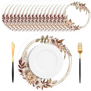 50 PCS Thanksgiving Flower Paper Placemats Disposable,13.5 Inch Fall Boho Vintage Wildflower Sunflower Harvest Round Table Mats Decor for Wedding Birthday Home Party Supplies