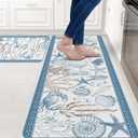 Coastal Beach Rugs for Kitchen Floor, Ocean Themed Coral Anti Fatigue Mats for Kitchen Floor Non Slip, 2PCS Washable Rubber Kitchen Mat for Runner Carpet Rug for Home Office 15.7"27.5" +15.7"47"