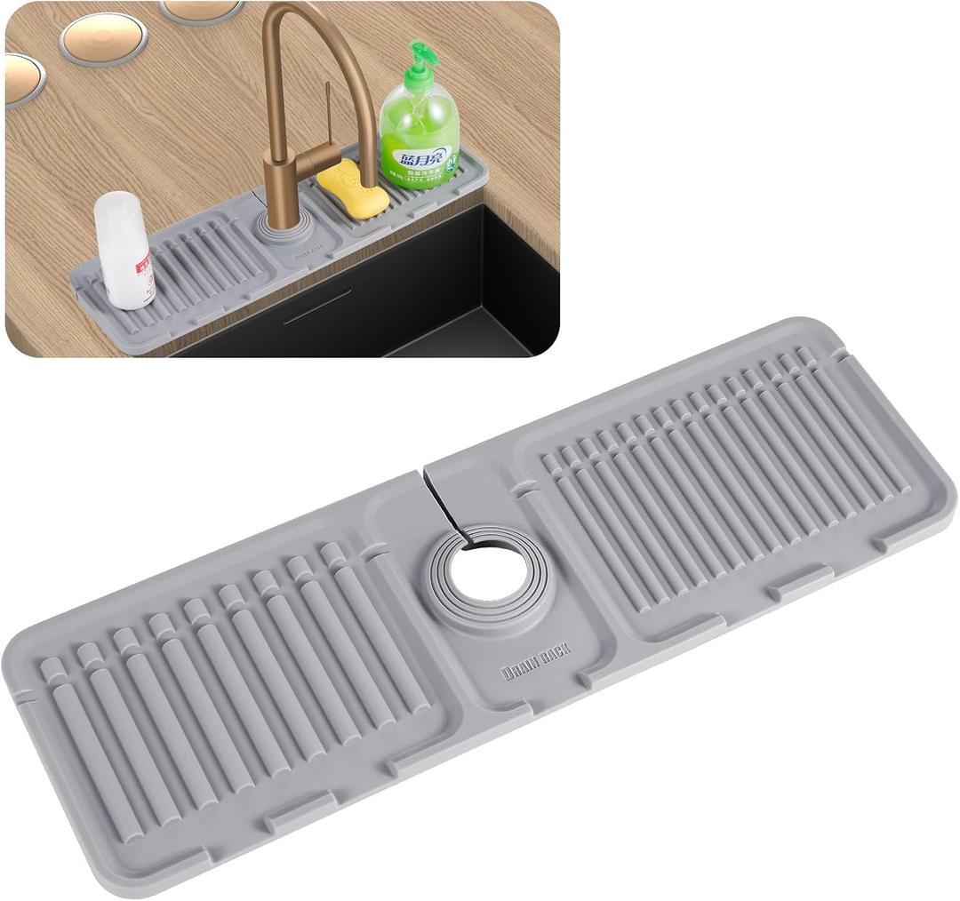 Kingmall Faucet Mat for Kitchen Sink, Premium Silicone Splash Guard with Fast Drying Properties, Protective Sink Tray with Cutable Circular Central for Stone Sinks in Kitchen & Bathroom, Grey