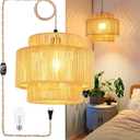 Plug in Pendant Light Hanging Lights with Plug in Cord Hanging Lamp Boho Rattan Dimmable Wicker Bamboo Woven Shade Hemp Rope Ceiling Light Fixture for Living Room Bedroom Kitchen
