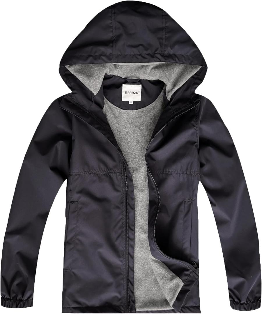 Boys Girls Rain Jackets Waterproof Hooded Fleece Raincoats Lightweight Windbreakers for Kids, Black, 9-10