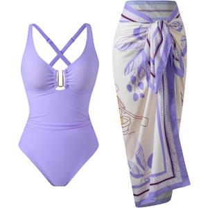 One Piece Swimsuit Women with Cover Up Set Retro Bathing Suit for Women Tummy Control Beach Wrap Skirt (Large, Lightpurple)