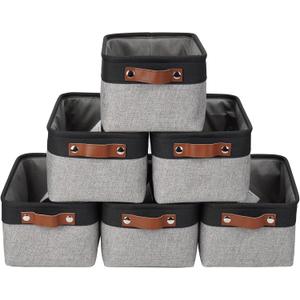 Small Storage Basksts with PU Handle - 12*8*6 inch Decorative Fabric Storage Bins, Foldable Linen Closet Cubes, Organizer Container for Home, Shelves, Nursery, Dorm, Gift (Gray&Black)