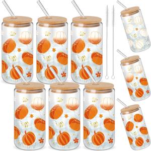 6 Pcs Thanksgiving Fall Glass Cups Gifts 16 oz Color Changing Pumpkin Glass Tumblers with Lids Straws Brushes Funny Fall Pumpkin Iced Coffee Cups for Autumn Halloween Party Gifts Supplies