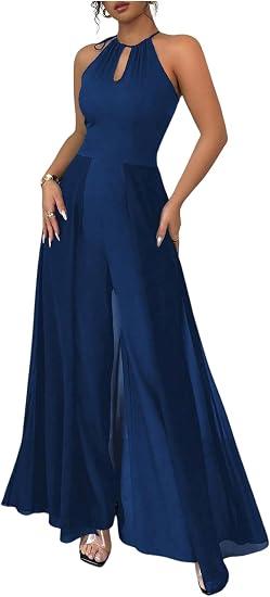 OYOANGLE Women's Wide Leg Halter Jumpsuit Mesh Keyhole Front Overalls Elegant Dressy One Piece Outfits Small