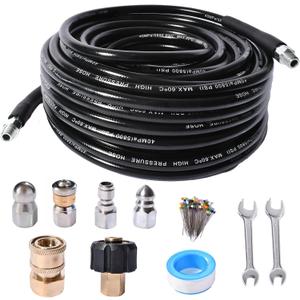 Sewer Jetter Kit for Pressure Washer 5800 PSI Drain Cleaner Hose 1/4 Female NPT,Button Nose,Pressure Washer Adapter,Button Hose Sewer Jetting Nozzle Pearl Corsage Pin Waterproof Tape with 2 Spanner