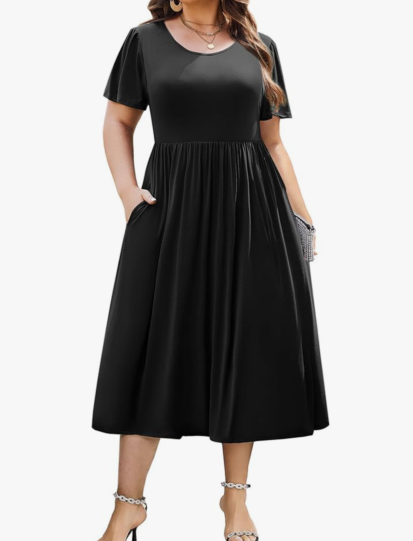 IN'VOLAND Womens Plus Size Swiss Dot Dress Chiffon Short Sleeve High Waist A Line Ruffle Tiered Babydoll Midi Dress XL