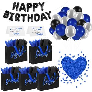 Addblu 5 Senses Gift Bags for Him with Labels Tissue Paper And Handles, 12.6"X8.7"X4" Includes Birthday Decoration Banner, Balloons, Rose Petals & Cards for Him or Her, Husband or Boyfriend (Black with Blue Lettering)