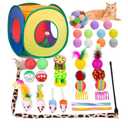 Retro Shaw 33 Pcs Cat Toys Set, Interactive Kitten Toys for Indoor Cats Kitty with Collapsible Play Tunnel Tent, Feather Teaser Wand Bell Balls Springs Mouse Toys for Boredom Relief & Exercise