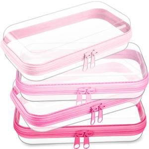 Hoolerry 4 Pcs Hard Clear Zipper Case Makeup Bags Plastic Zipper Pouch Transparent Storage Box Containers for Cosmetics, Snacks, Building Blocks, Puzzles(Clear,7.5 x 3.9 x 2 in,Pink)