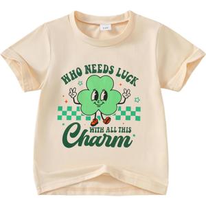 Little Girl St Patricks Day T-Shirt Lucky Clover Top Toddler Girl St Patricks Day Outfit 6-7 Years (Beige)