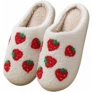 Women Men Plush Strawberry Slippers Cute Fuzzy Slippers Non-Skid Winter Warm Cozy House Indoor Outdoor Shoes (5-6 Women/4.5-5 Men)