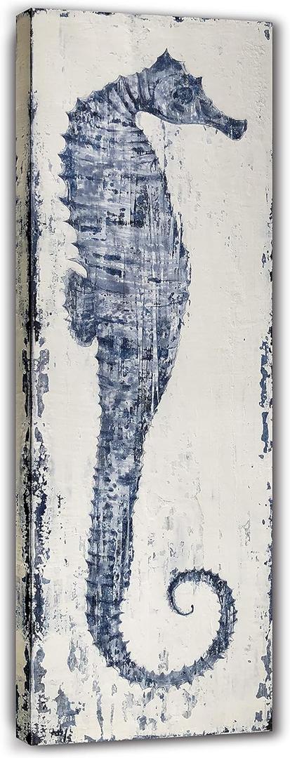 Yihui Arts Seahorse Canvas Wall Art Hand Painted Blue and White Painting Modern Coastal Pictures for Living Room Bedroom Hallway Bathroom Decoration (36"L x 12"W)