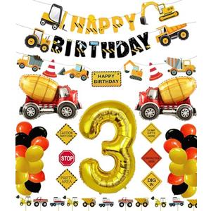 FIGEPO Construction 3rd Birthday Party Supplies for Boys with Dump Truck Theme, Includes Cake Toppers, Balloons, Banners, Signs and More