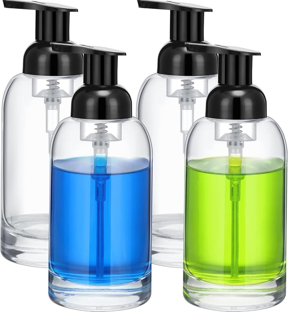 Eccliy 4 Pack 13 Oz Clear Glass Jar Soap Dispenser with Foaming Pump, Clear Thick Hand Liquid Dish Soap Dispenser Round Bottles for Bath Home Kitchen Oil Lotion