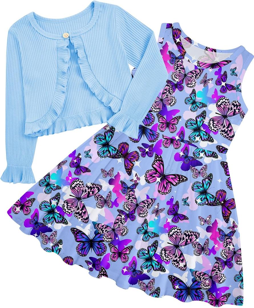 Toddler Girl Sleeveless Dresses and Long Sleeve Ruffle Cardigan 2 Piece Fall Outfits for 2-8T (5-6 Years, A3-butterfly 02)