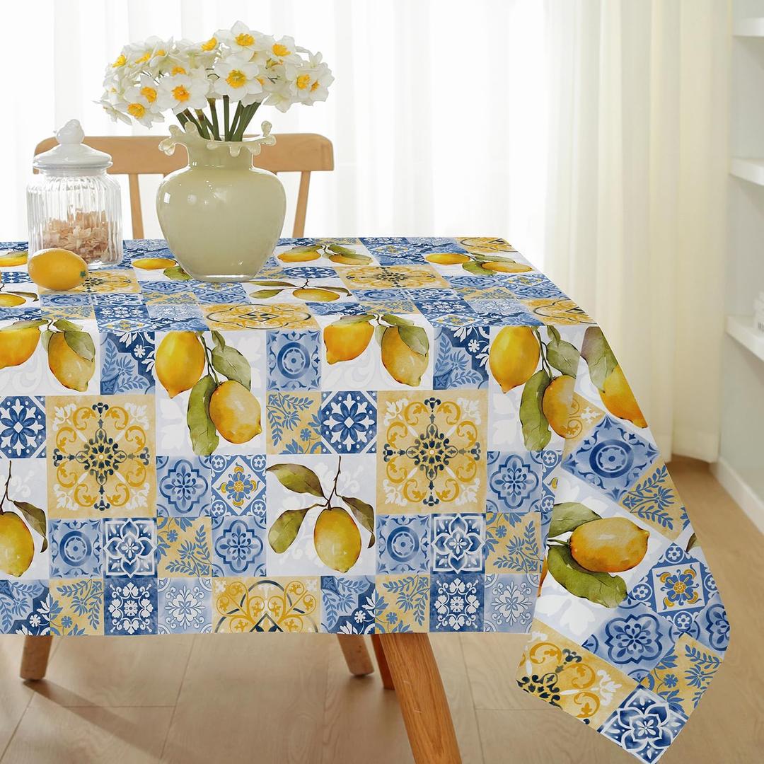 SASTYBALE Summer Lemon Tablecloth Mediterranean Tile Table Cloth, Washable Water Resistant Rectangular Italian Themed Decor Table Cover for Party/Picnic/Indoor/Outdoor (Rectangle, 52" x 70", Blue)