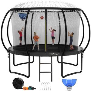 8FT 10FT 12FT 14FT 16FT Trampoline Outdoor, Trampolines for Kids & Adults, Pumpkin Trampolines with Safety Net, Ladder, Coating Metal Frame, ASTM Approved Large Backyard Trampoline for Kids (Black(with Sprinkler+Hoop+Stakes))