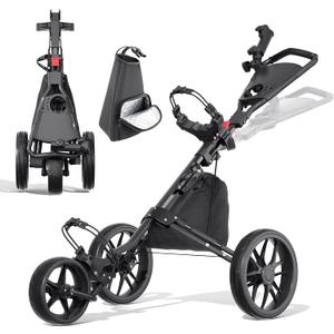 Golf Push Cart 3 Wheel with Brake, Cooler Bag, Cup/Umbrella Holder