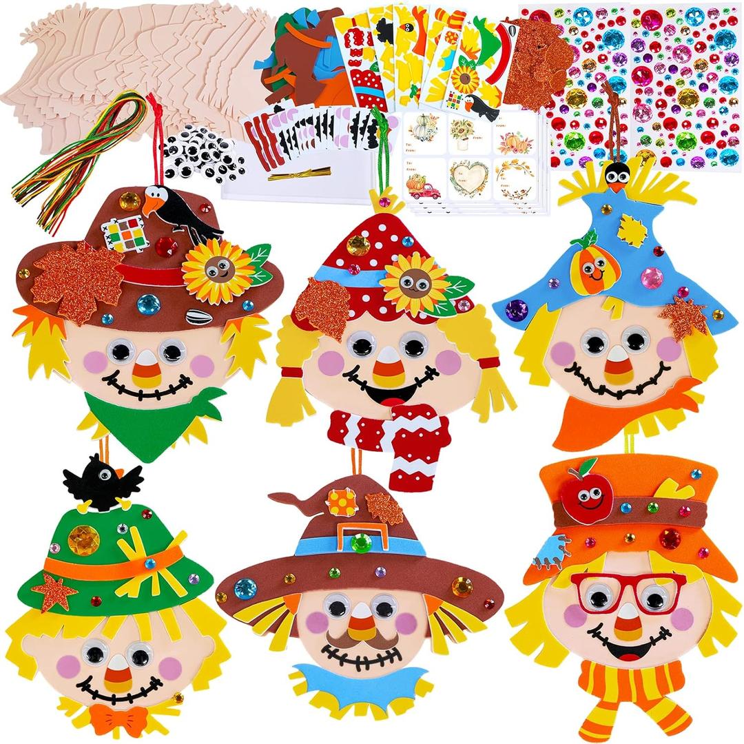 Winlyn 24 Sets Fall Craft Kits Autumn Scarecrow Crafts Fall Scarecrow Head Craft Kits Maple Leaves Pumpkins Harvest Foam Stickers Arts and Crafts for Kids Classroom Activities Holiday Party Favors