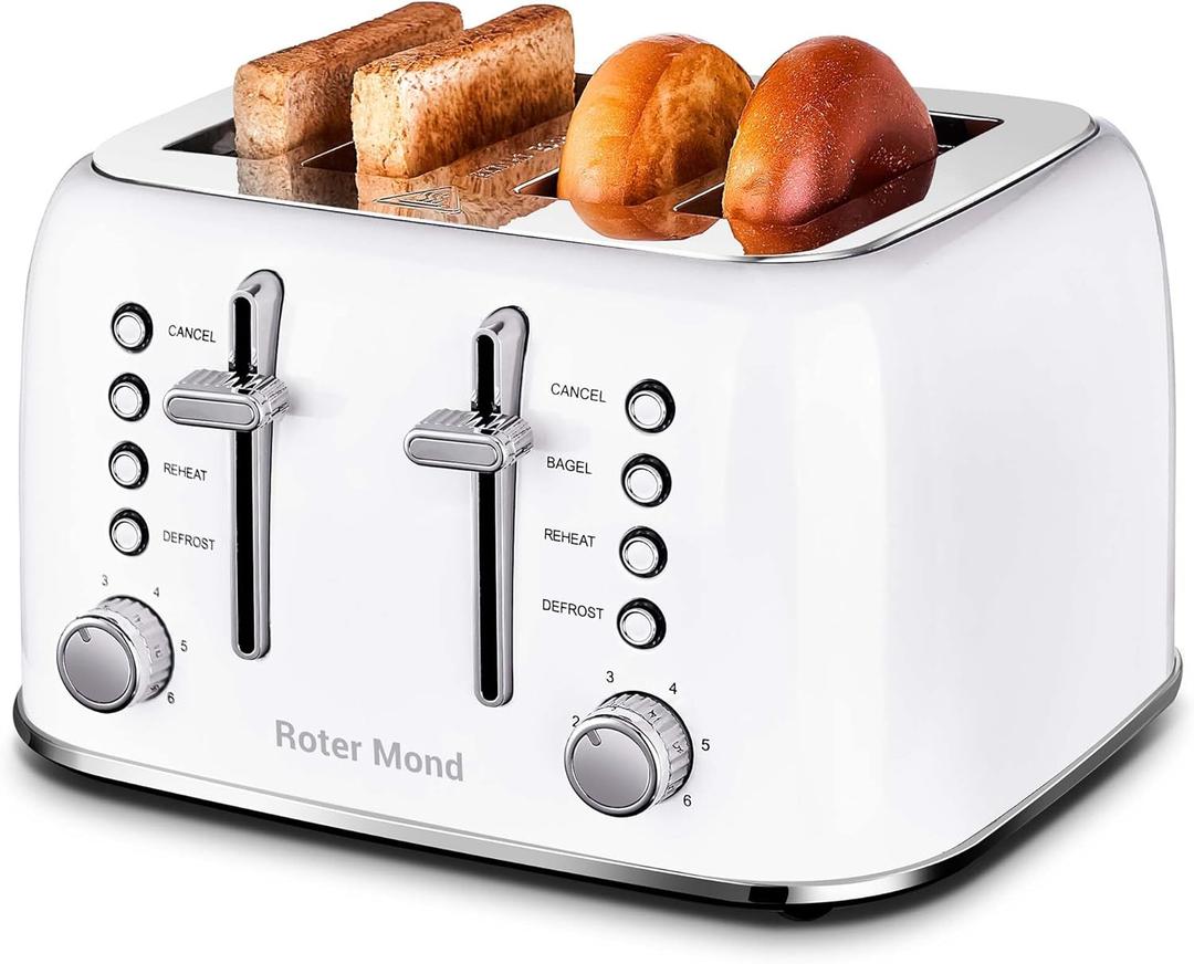 Roter Mond Toaster 4 Slice Retro Stainless Steel with Extra Wide Slots Bagel, Defrost, Reheat Function, Dual Independent Control Panel, Removable Crumb Tray, 6 Browning Levels, White