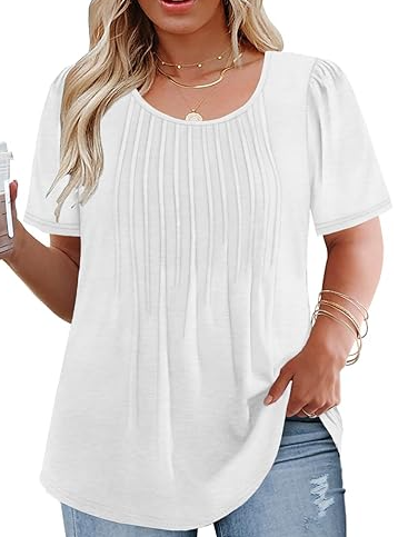 VISLILY Womens-Plus-Size-Summer-Tops Trendy Puff Short Sleeve T Shirts Cute Flowy Pleated Blouses Casual Crewneck Tunics Tee White Size 2XL