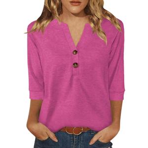 Womens Tops 3/4 Sleeve V Neck Button Down Shirts Business Casual Outfit Basic Tees Summer Top 2025 (Large, Rose)