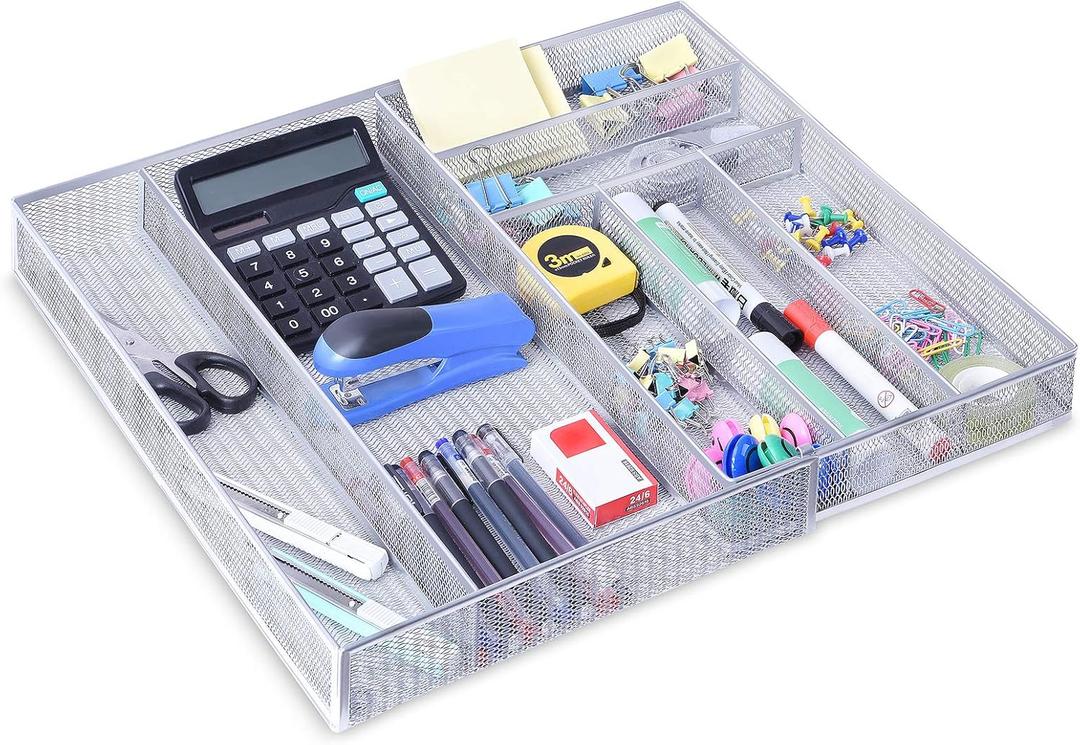 WuGeShop Expandable Office Drawer Organizer, 6 to 7 Compartments Adjustable Mesh Desk Drawer Organizer, Good Desk Organizer for Office Supplies and Art Supplies