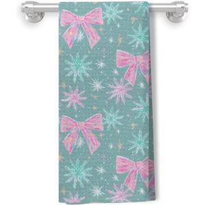 Pink and Teal Christmas Kitchen Towels, Preppy Christmas Decor, Coquette Pastel Bow Snowflake Xmas Holiday Decorative Hand Towels for Bathroom Kitchen, 16x24 Inch (Color 05)