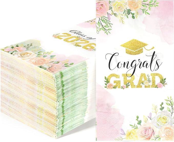 100 Pcs Class of 2026 Graduation Napkins, Floral Graduation Party Napkins, Wildflower Disposable Congrats Grad Cocktail Napkin Paper Dinner Hand Towels for 2026 High School College Grad Party Decor