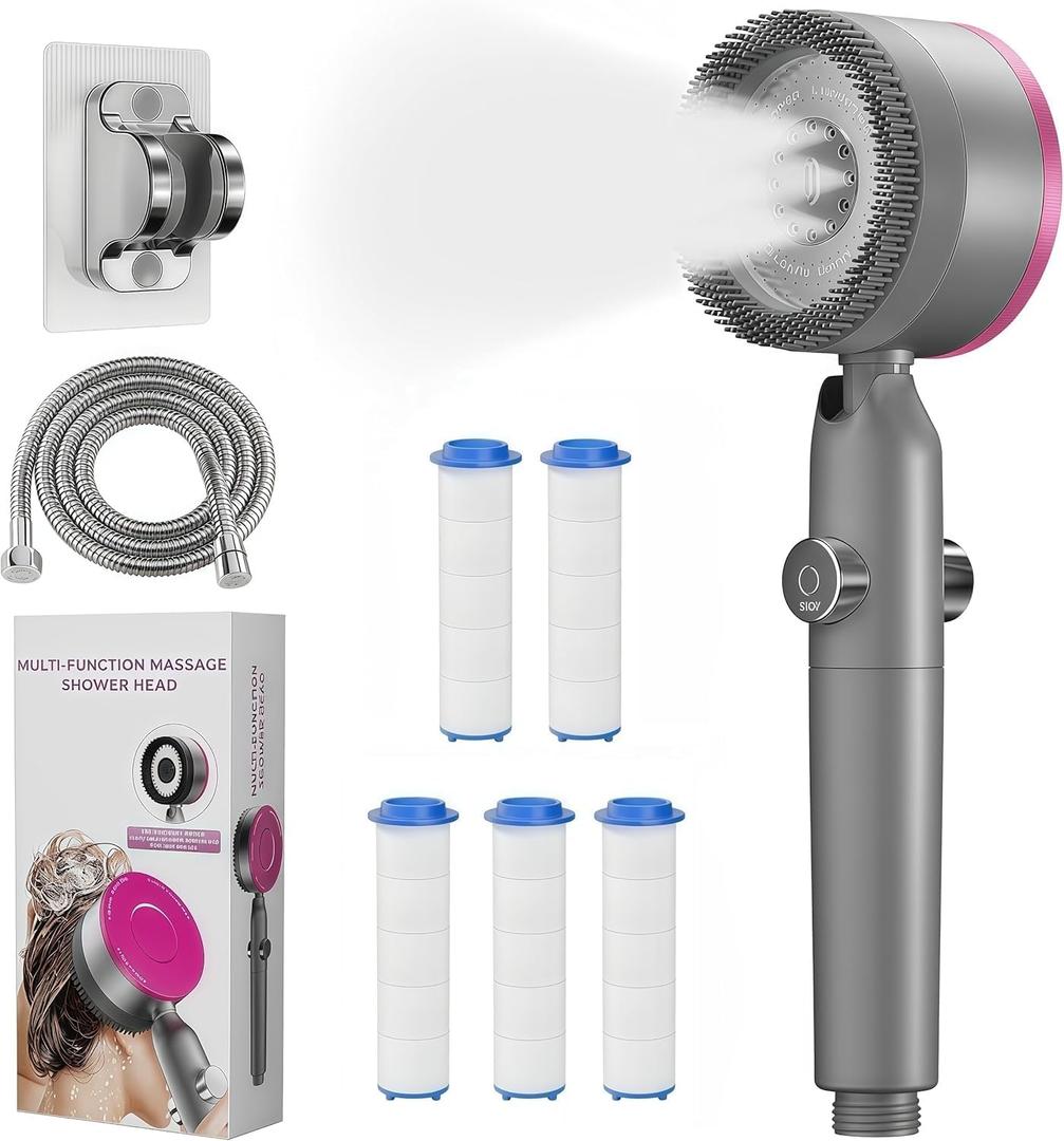 High Pressure Shower Head, High Power Shower Head and Hose Set with 4 Filters, 59‘’ Hose & Bracket, 4 Spray Modes & Pause Switch, Hard Water Filtered Showerhead with Handheld, Gray