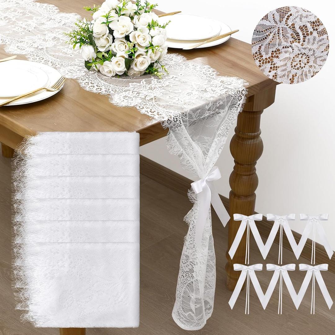 Rtteri 6 Pcs White Lace Table Runner 14 x 120 Inch with Long Tie Bow Flower Vintage Boho Lace Embroidered Table Runner for Wedding Party Bridal Shower Rustic Decor