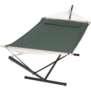 SUNCREAT Hammocks Extra Large Double Hammock with 12 ft Stand, 475lbs Capacity, Outdoor Portable Hammock with Hardwood Spreader Bar, Extra Large Pillow, Gray Green