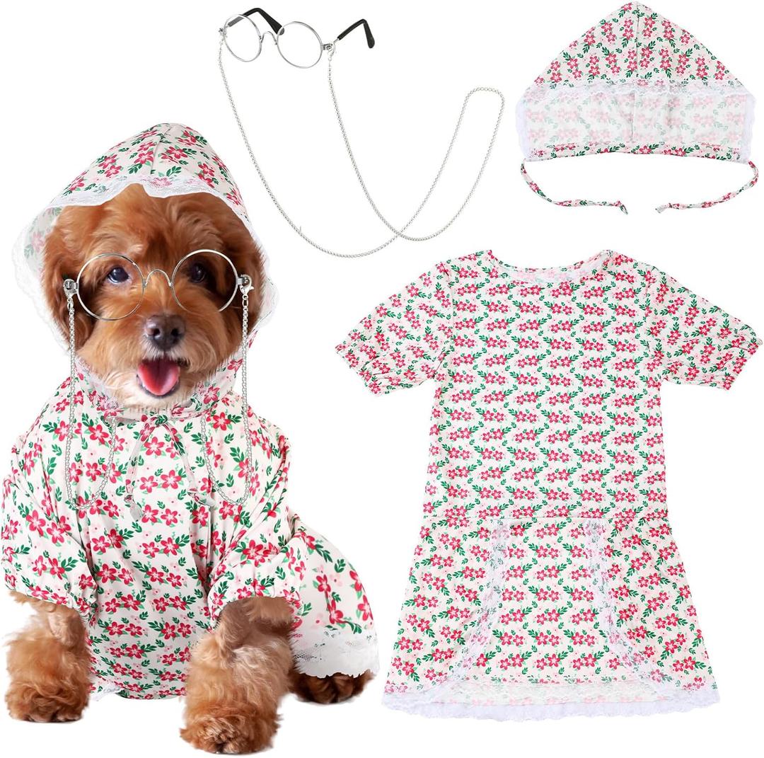 3 Pieces Old Lady Costume for Dog Grandma Puppy Old Lady Dog Costume Set Halloween Dogs Outfits Include Floral Dress Hat Decorative Retro Sunglasses for Halloween Pet Cosplay Party (XL)