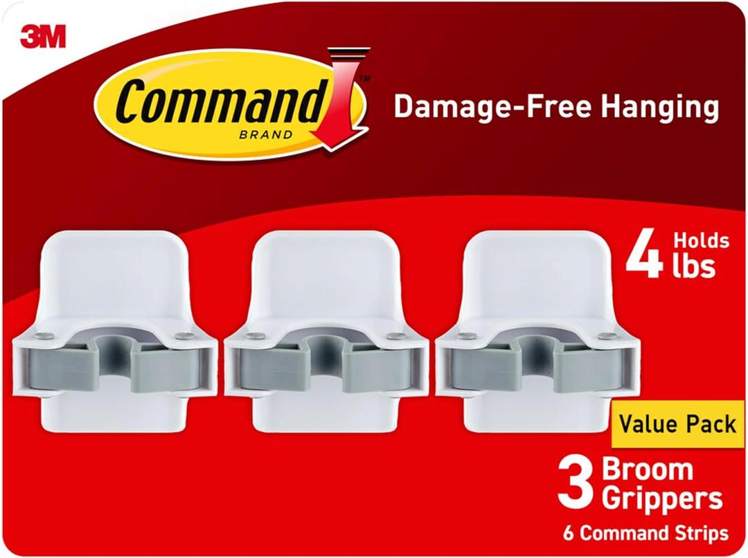Command Broom Grippers, 3 Hangers and 6 Strips, Damage-Free Mop and Broom Holder Wall Mount, Household Cleaning Tool Organizer for Kitchen, Laundry Room, Closet, Holds up to 4 lb (Large)
