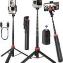 66" Tripod for iPhone & Camera, Portable Phone Tripod with Rechargeable Remote Control and Rotate Phone Stand, Selfie Stick for iPhone/Gopro and Cameras (Red, 66 in)